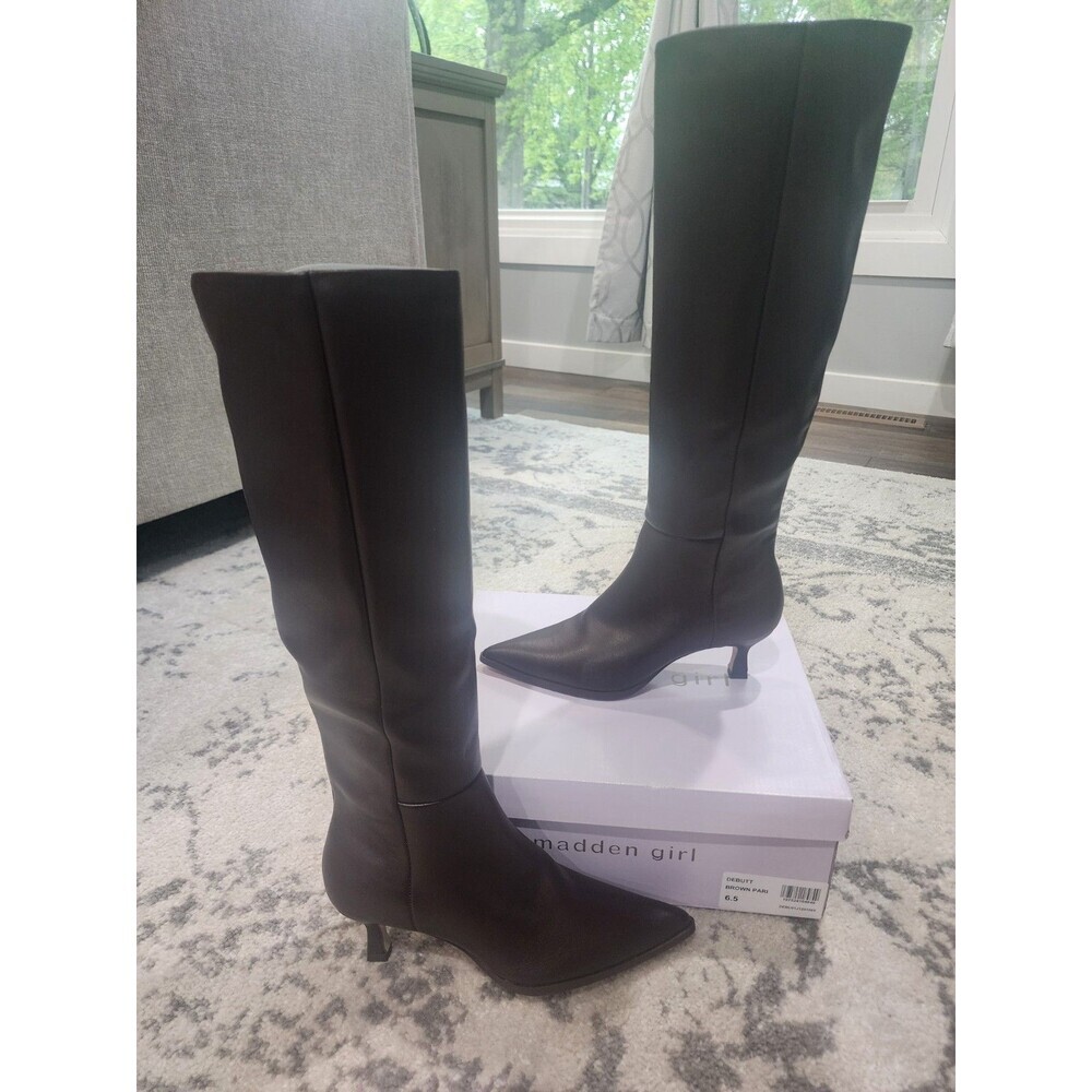 Madden Girl Women's Brown Debut Knee-High Kitten-Heel Dress Boots Shoe Size 6.5M